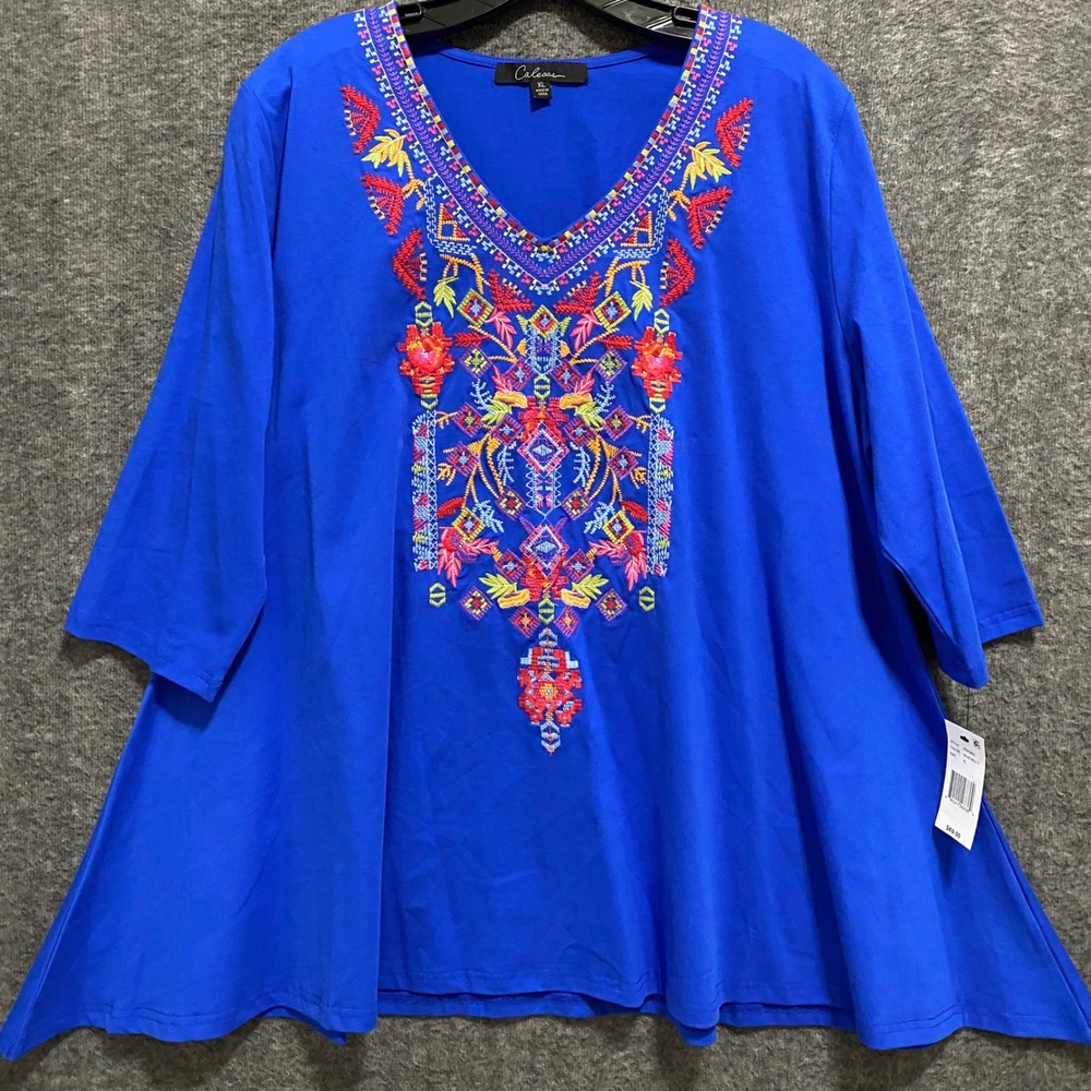 NEW Calessa Tunic Top Women XL Blue Boho‎ Floral Embroidered Stretch Lagenlook